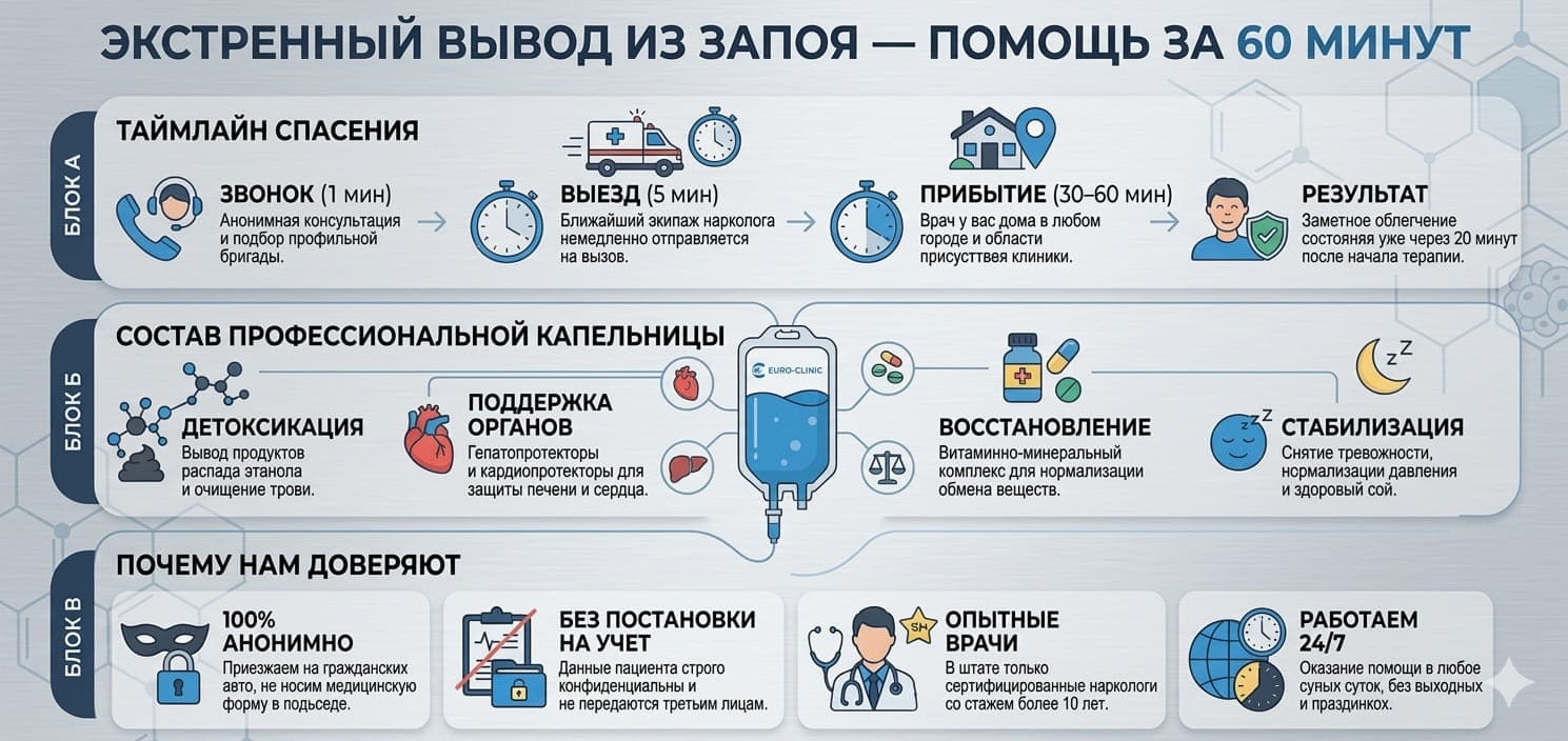 Схема вывода из запоя на дому: таймлайн вызова, состав профессиональной капельницы и гарантии конфиденциальности